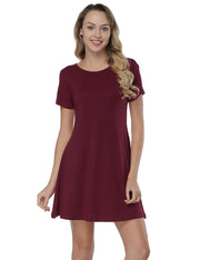 Trendy Purplish Red Crossover Back Mini Dress Rounded Neck Home Dress