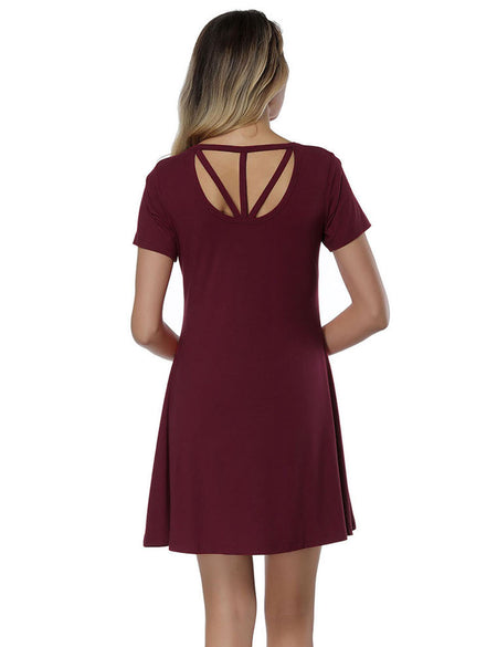 Trendy Purplish Red Crossover Back Mini Dress Rounded Neck Home Dress