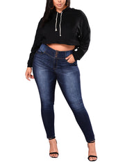 Empire Waist Leggy Dark Blue Denim Pants Large Size 4 Buttons Skinny