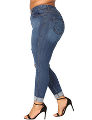 Sparkling Blue Pencil Large Denim Pants Zip And Button Closure Tops