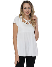 Stylish White Cut Out O Neck Blouses Swing Hem Glamorous Look