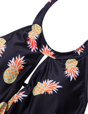 Fashion Halter Hollow Out Plus Bathingsuit Pineapple Print