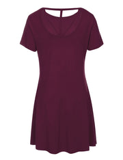 Trendy Purplish Red Crossover Back Mini Dress Rounded Neck Home Dress