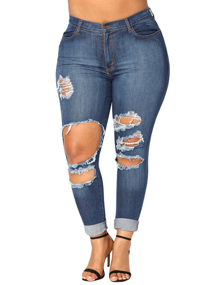 Sparkling Blue Pencil Large Denim Pants Zip And Button Closure Tops