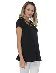 Black Hollow Out Round Neck Shirts Short Sleeves Streetstyle