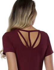 Trendy Purplish Red Crossover Back Mini Dress Rounded Neck Home Dress