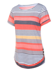 Dynamic Orange Striped Pathwork Short Sleeve Tee Round Neck Shop Online