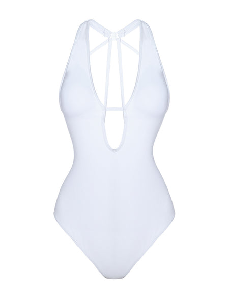 Adorable White One Piece Bathing Suit Halter Neck Crossover Straps