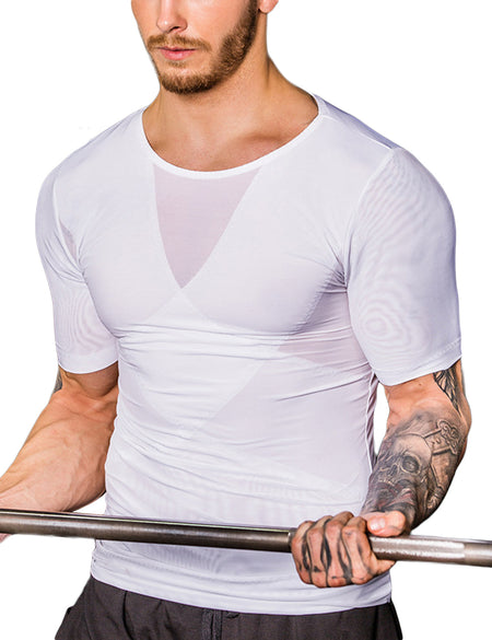 Comfortable White Mens Short Sleeved Mesh Slimming Top Crossover