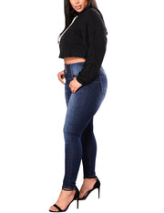 Empire Waist Leggy Dark Blue Denim Pants Large Size 4 Buttons Skinny