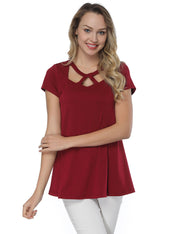 Delightful Wine Red Flared Hem T-Shirts Short-Sleeved