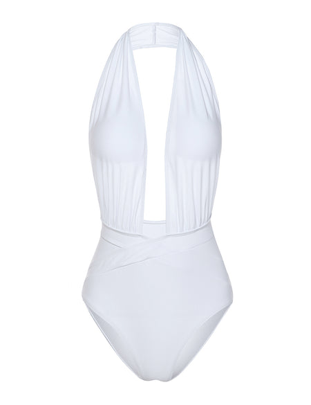 Slinky White Halter Deep V Neck Monokini Backless Fashion Sale