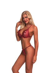 Amorous Wine Red G-String Triangle Cup See Through Bra Sets