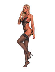 Diaphanous Lace Eyelash Black Cut Out Teddy With Garter Belts