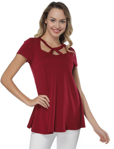 Delightful Wine Red Flared Hem T-Shirts Short-Sleeved