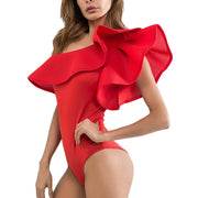 Flattering Red Flounce Trim Sleeves High Cut Rompers For Women