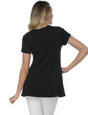 Black Hollow Out Round Neck Shirts Short Sleeves Streetstyle
