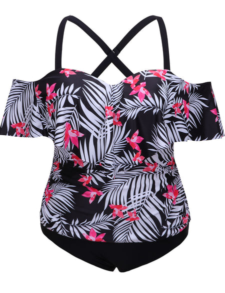 Well-Suited Flounce Printed Big Tankini Cold Shoulder