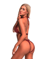 Love Forever Wine Red Tall Cup Self-Tie Halter Floral Lace Teddy