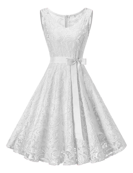 Fabulous White Lace Plus Swing Dress With Bowknot Belt