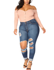 Sparkling Blue Pencil Large Denim Pants Zip And Button Closure Tops