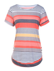 Dynamic Orange Striped Pathwork Short Sleeve Tee Round Neck Shop Online