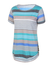 Breathable Stripe Splicing Blue Short T-Shirt Side Button Detail