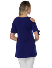 Cut Out Short Sleeve Blouses Dark Blue Side Split Loose Fit