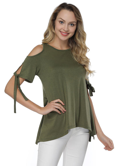 Glossy Round Neck T-Shirt Green High-Low Hem Versatile Item