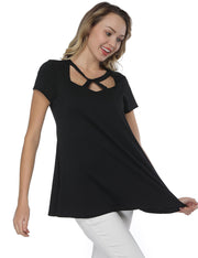 Black Hollow Out Round Neck Shirts Short Sleeves Streetstyle