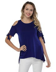 Cut Out Short Sleeve Blouses Dark Blue Side Split Loose Fit