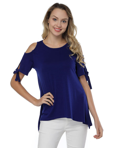 Cut Out Short Sleeve Blouses Dark Blue Side Split Loose Fit