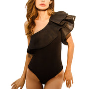 Super Faddish Black Flying Sleeve Single Shoulder Jumpsuit