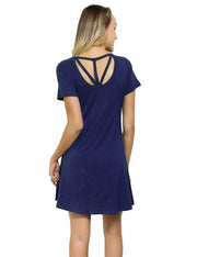 Slimming Bamboo Fabric Navy Blue Mini Dress Short Sleeve Form Fitting