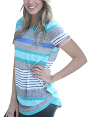 Breathable Stripe Splicing Blue Short T-Shirt Side Button Detail