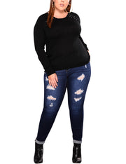 Royal Dark Blue Queen Size Ripped Pencil Jean Ankle Length Lady Pants