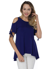 Cut Out Short Sleeve Blouses Dark Blue Side Split Loose Fit