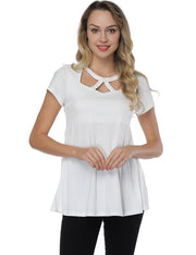 Stylish White Cut Out O Neck Blouses Swing Hem Glamorous Look