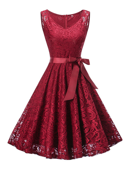 Good-Looking Wine Red Zipper Lace Flare Hem Big Dress No Sleeves