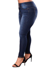 Empire Waist Leggy Dark Blue Denim Pants Large Size 4 Buttons Skinny