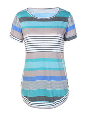 Breathable Stripe Splicing Blue Short T-Shirt Side Button Detail