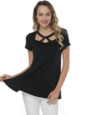 Black Hollow Out Round Neck Shirts Short Sleeves Streetstyle