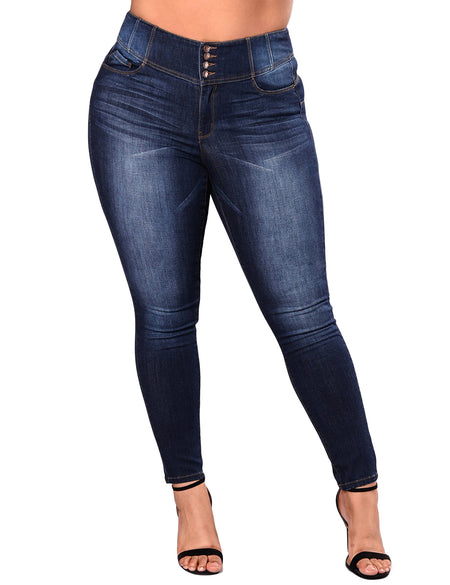 Empire Waist Leggy Dark Blue Denim Pants Large Size 4 Buttons Skinny