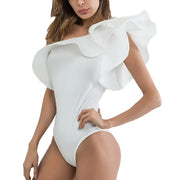 Natural White One Shoulder Ruffled Sleeves Rompers Fabulous Fit