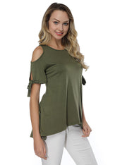 Glossy Round Neck T-Shirt Green High-Low Hem Versatile Item