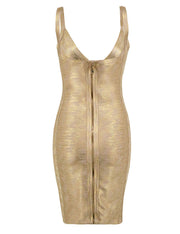 Dainty Bodycon Gold Slip Dress Plunge Neck Zipper Back
