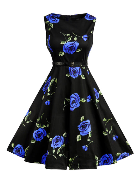 Remarkable Sleeveless Print Skater Dress Matching Belt