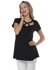 Black Hollow Out Round Neck Shirts Short Sleeves Streetstyle