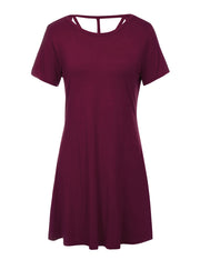 Trendy Purplish Red Crossover Back Mini Dress Rounded Neck Home Dress