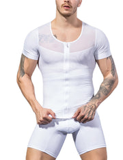 Dreamlike White Male Splicing Shapewear Short Sleeves Higher Power